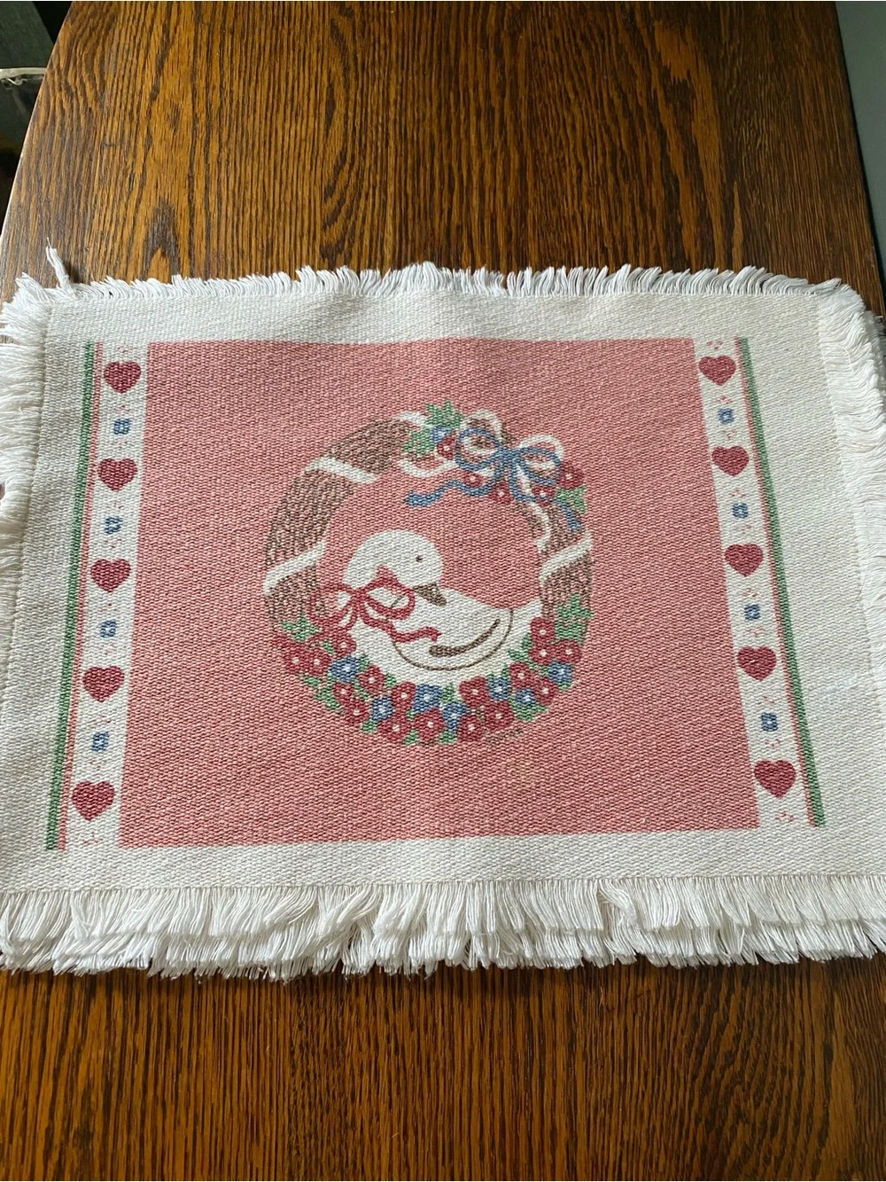 Vintage 80s 90s Country Goose And Hearts Woven Cotton Placemat Set of 4